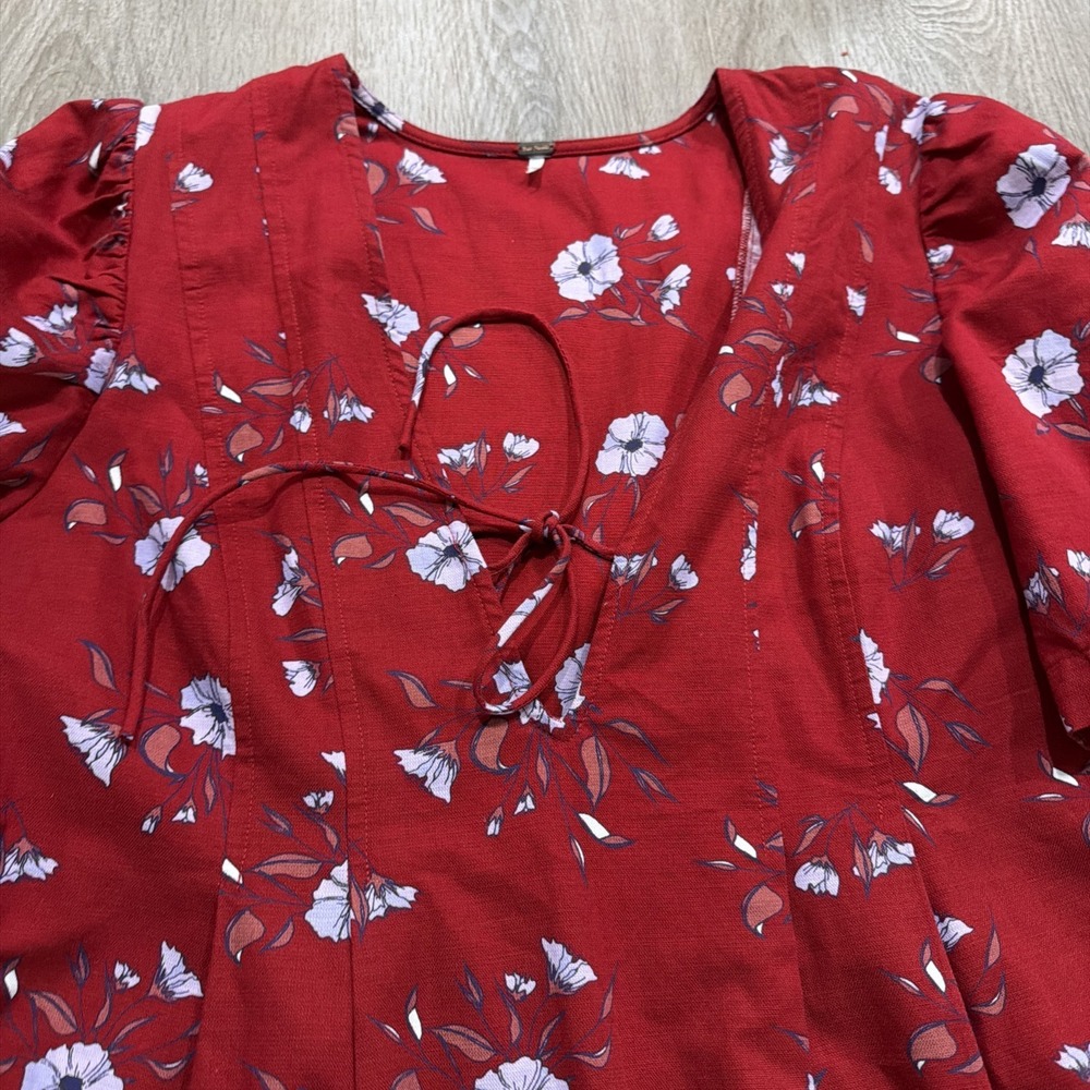 Free People Adelle Tunic Dress Womens L Large Red Floral Puff Sleeves Tie Front - Picture 3 of 9